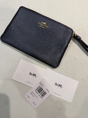 Coach Deep Blue Leather Zip Wristlet with Gold Hardware